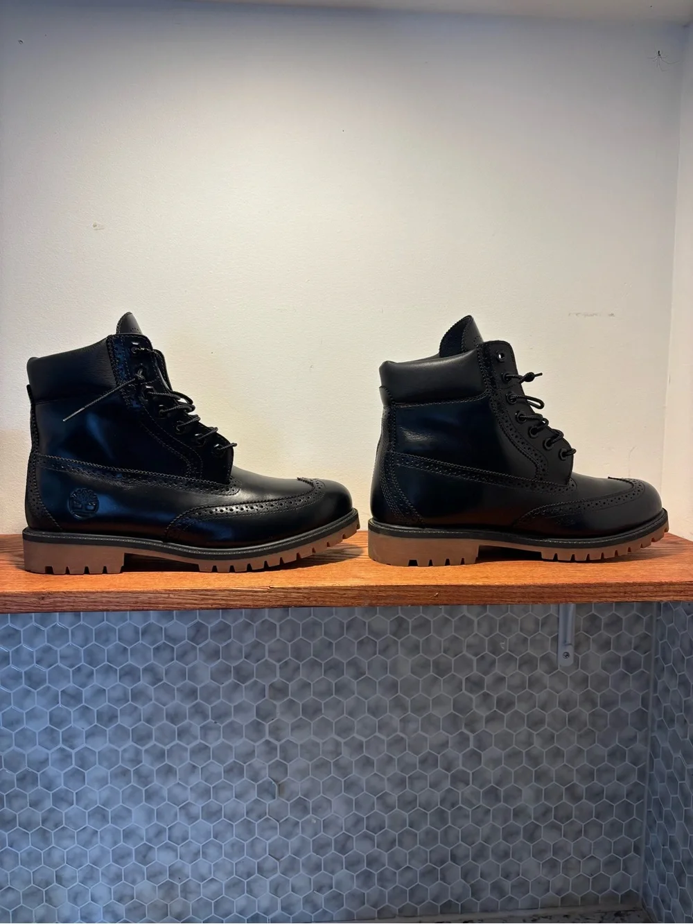 Timberland Men’s Black Leather Wingtip Boots. Never worn only laced them up!